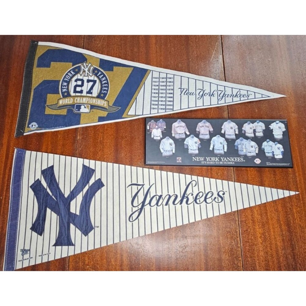 Lot of 2 NY Yankees Pennants and 1 Wooden Wall Decor Piece